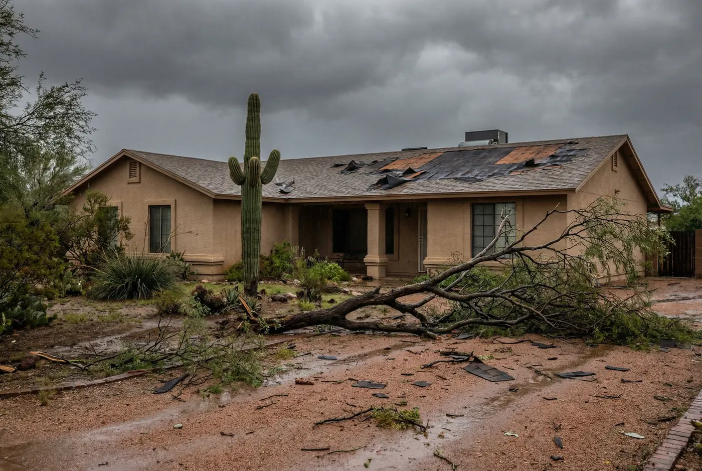 Storm damage restoration crew tarping roof of Arizona home after monsoon