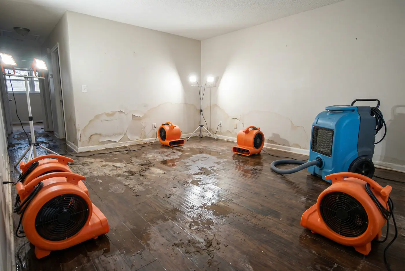 Water damage restoration crew extracting water from flooded Phoenix home